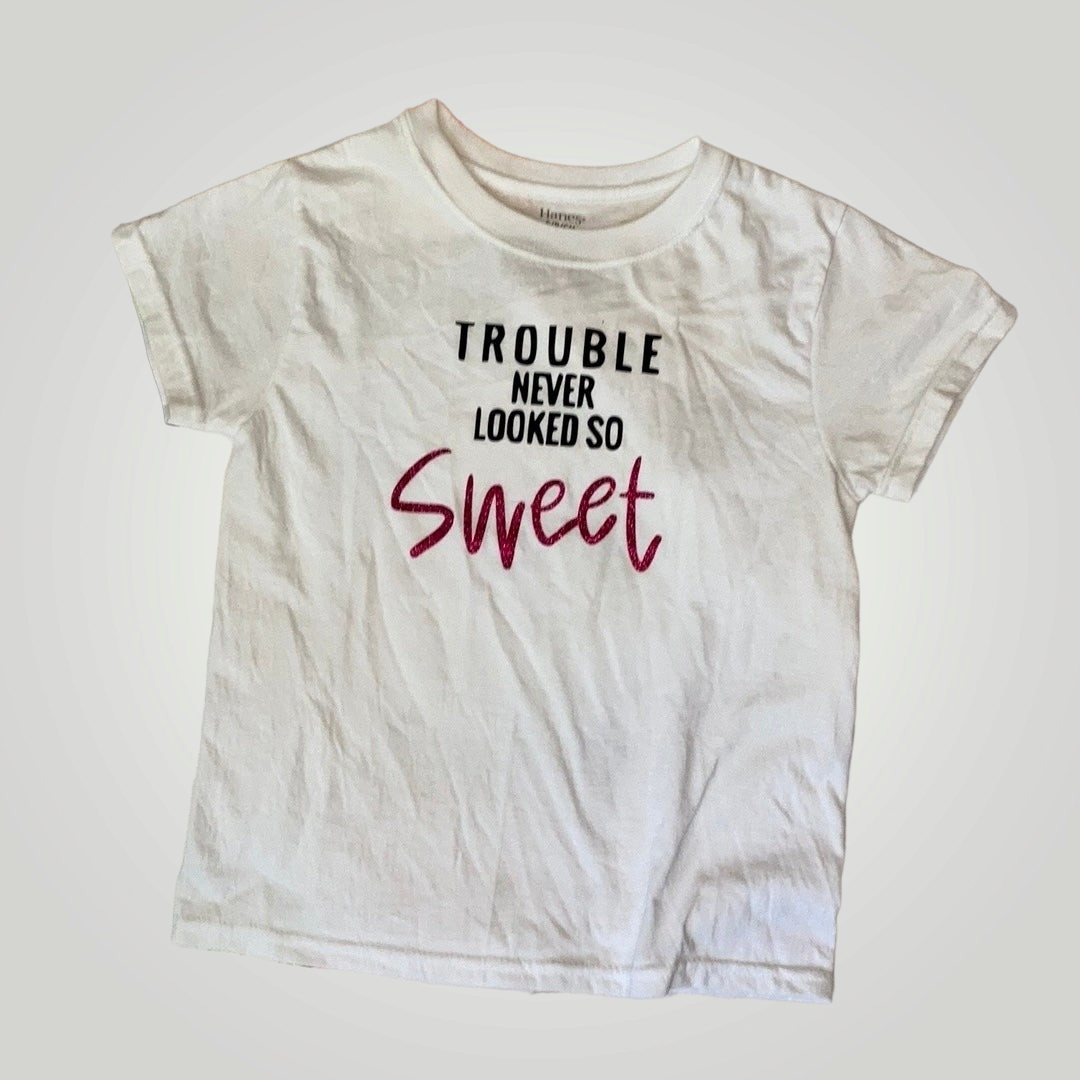 Sammie Jo 'Trouble Never Looked So Sweet' White T-Shirt, Size Small