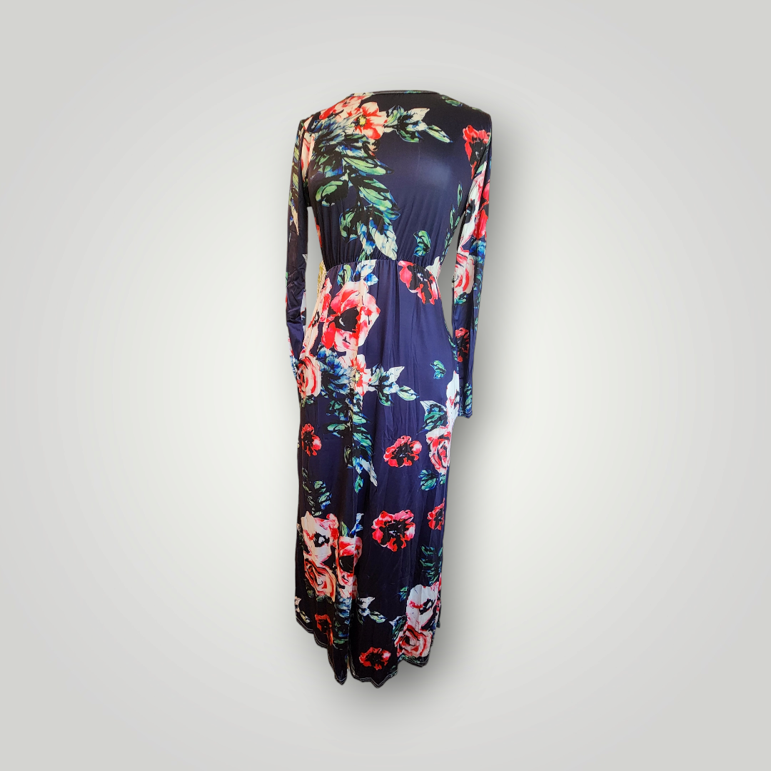 Sammie Jo Navy Blue Floral Long Sleeve Maxi Dress