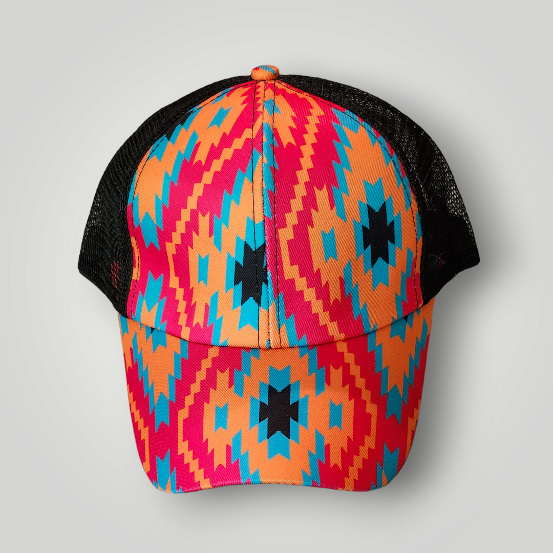 Sammie Jo Aztec Western Print Ponytail Trucker Hat Front