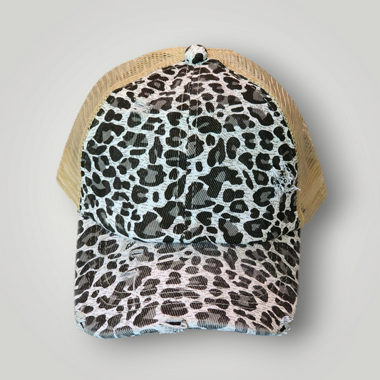 Sammie Jo Leopard Print Ponytail Trucker Hat Front