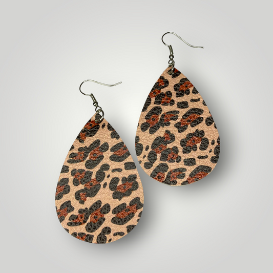 Sammie Jo Leopard Print Faux Leather Water Drop Earrings, Tan