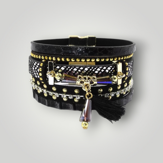 Sammie Jo Women's Bohemian Crystal Charm Tassel Bracelet, Black