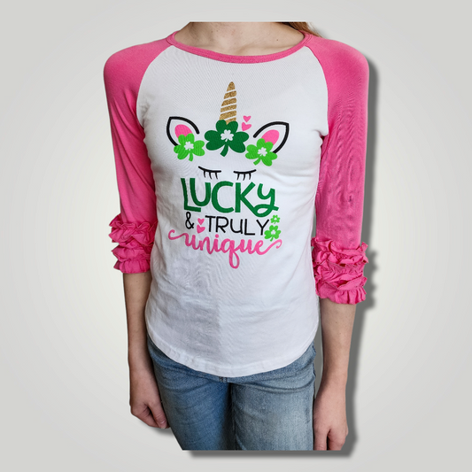 Boutique Adventures Girls Sizes 'Unique Unicorn' Sublimation 3/4 Sleeve Pink Ruffle Baseball T-Shirt