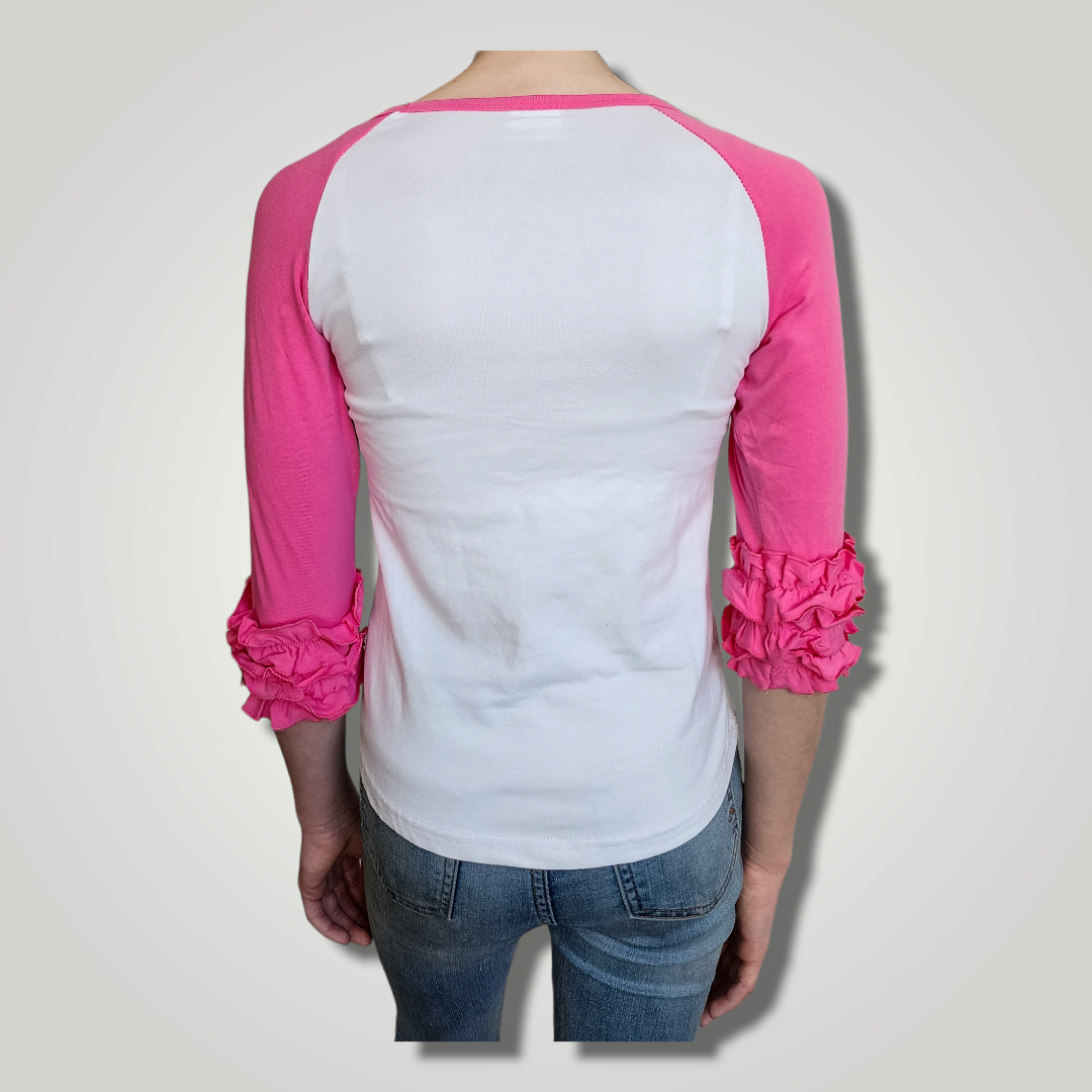 Boutique Adventures Girls Sizes 'Unique Unicorn' Sublimation 3/4 Sleeve Pink Ruffle Baseball T-Shirt